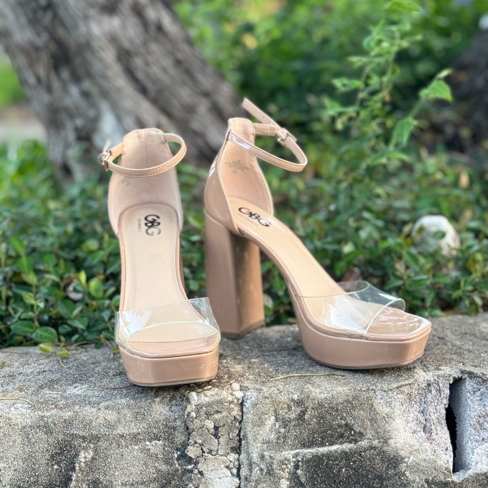Tan Platform Chunky Heel Pumps with Ankle Strap